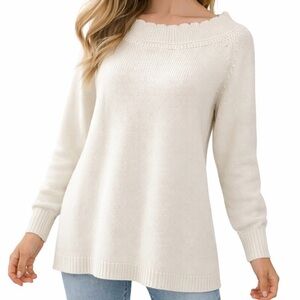 Scalloped Boatneck Sweater Pullover Tunic Top Cottage Coastal Ivory Cloud M